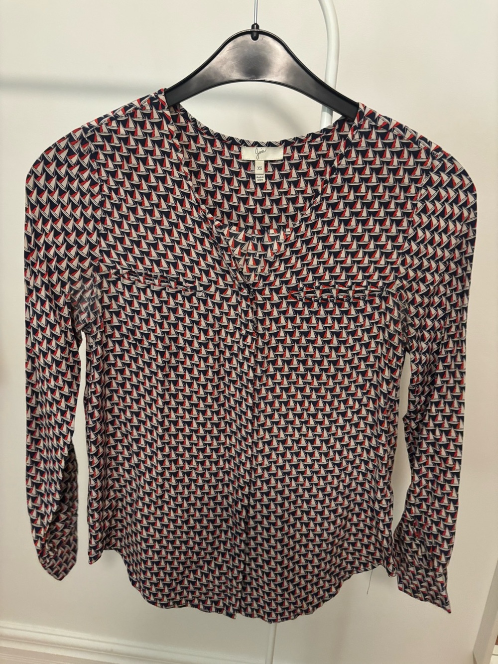 Joie Navy and Red Geometric Long-Sleeve Blouse
